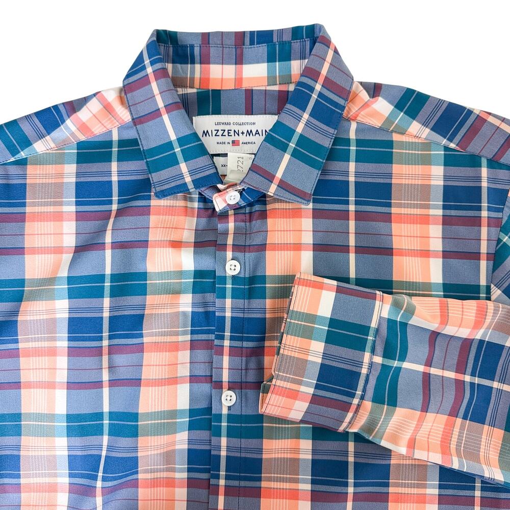 Mizzen+Main Leeward Collection Trim Fit Blue Orange Plaid Shirt - XXL 2XL